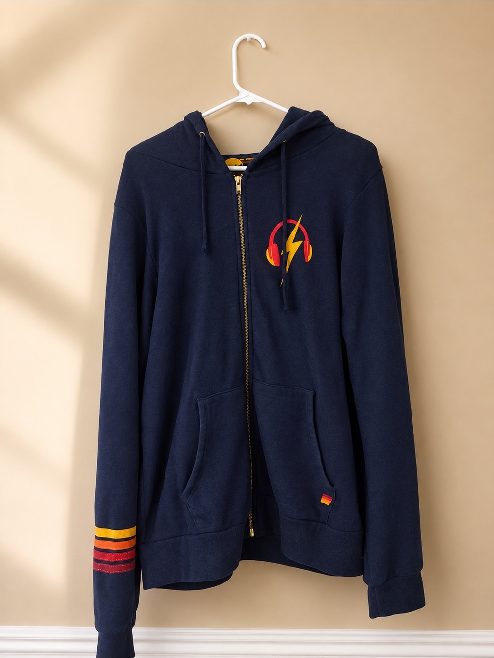 Aviator Nation Navy Blue Zip Hoodie with Red & Yellow Lightning Logo - Picture 4 of 4